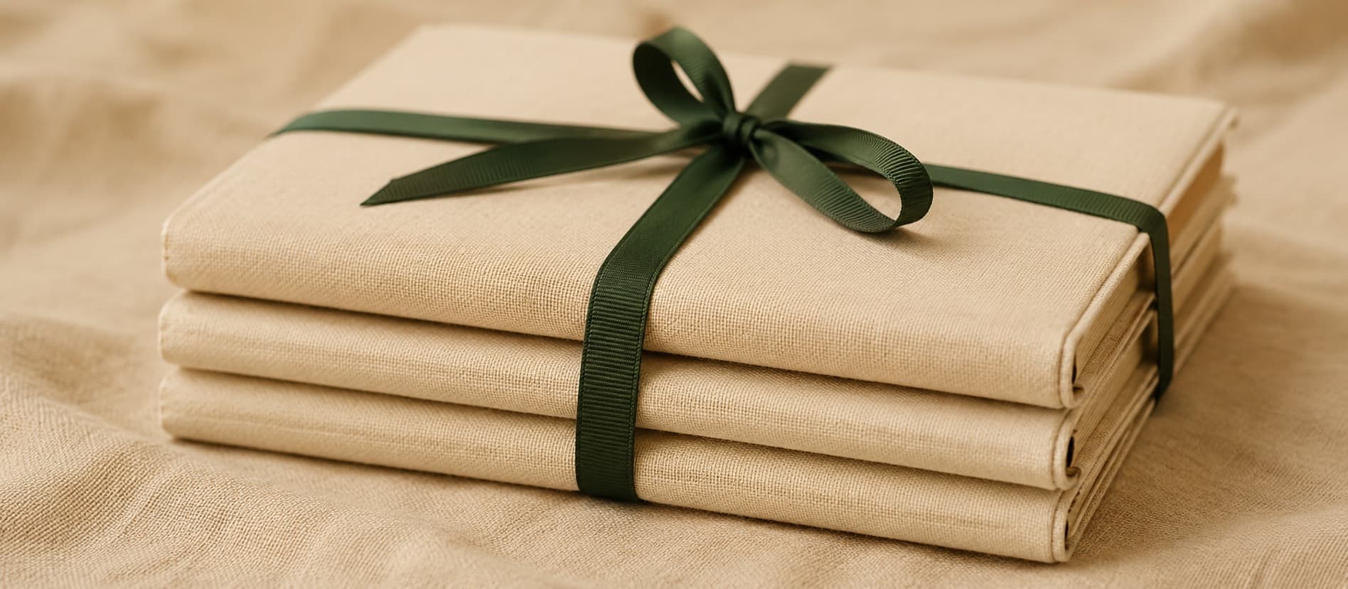 Stack of cream cloth-bound documents tied with a forest-green ribbon — still life evoking the bylaws